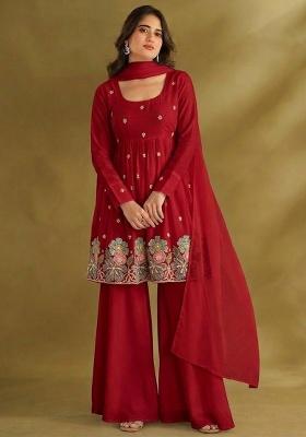 Crimson Red Embroidered Crepe Sharara Set