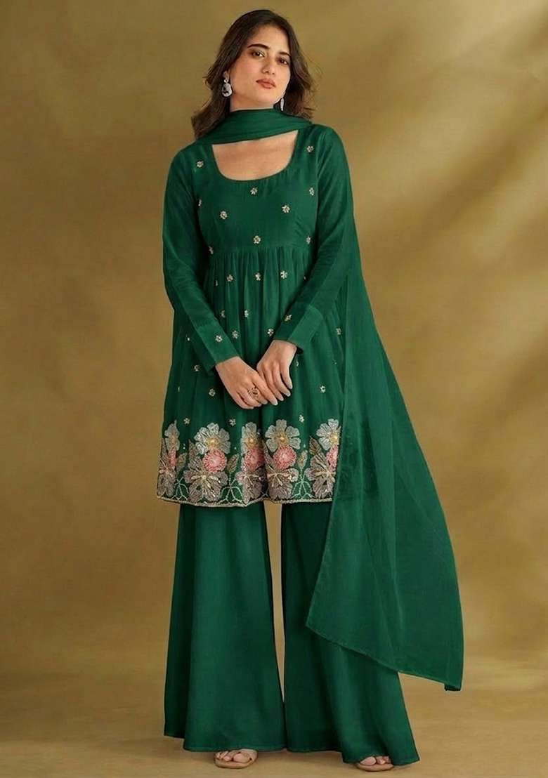 Green Embroidered Crepe Sharara Set - Indya