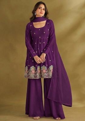 Purple Embroidered Crepe Sharara Set