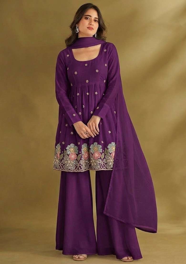 Purple Embroidered Crepe Sharara Set - Indya