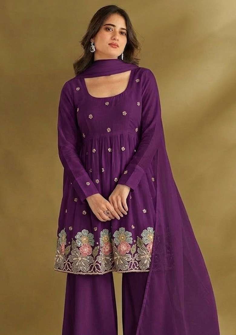Purple Embroidered Crepe Sharara Set - Indya