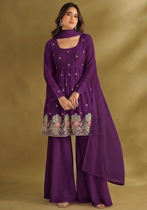 Purple Embroidered Crepe Sharara Set