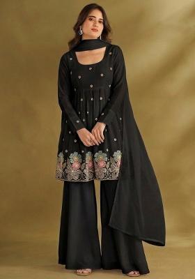 Black Embroidered Crepe Sharara Set