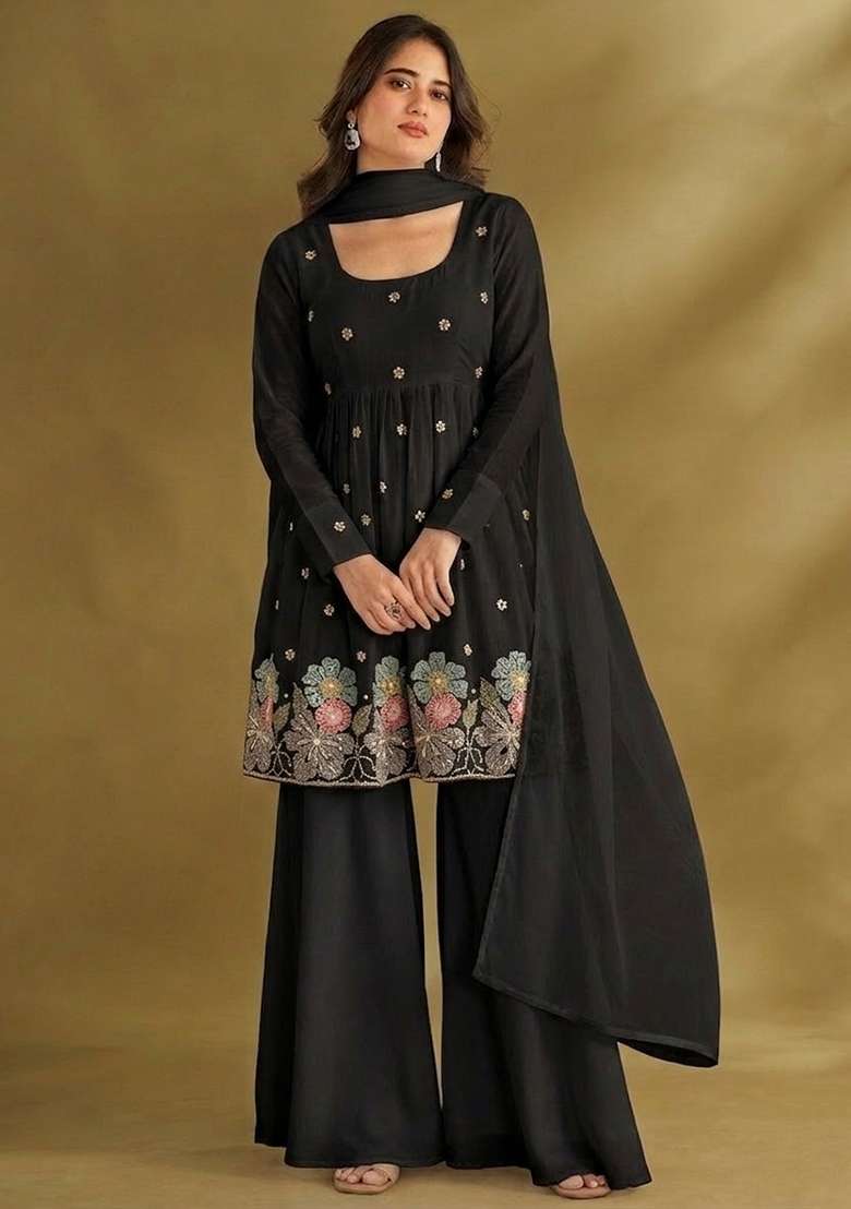 Black Embroidered Crepe Sharara Set - Indya