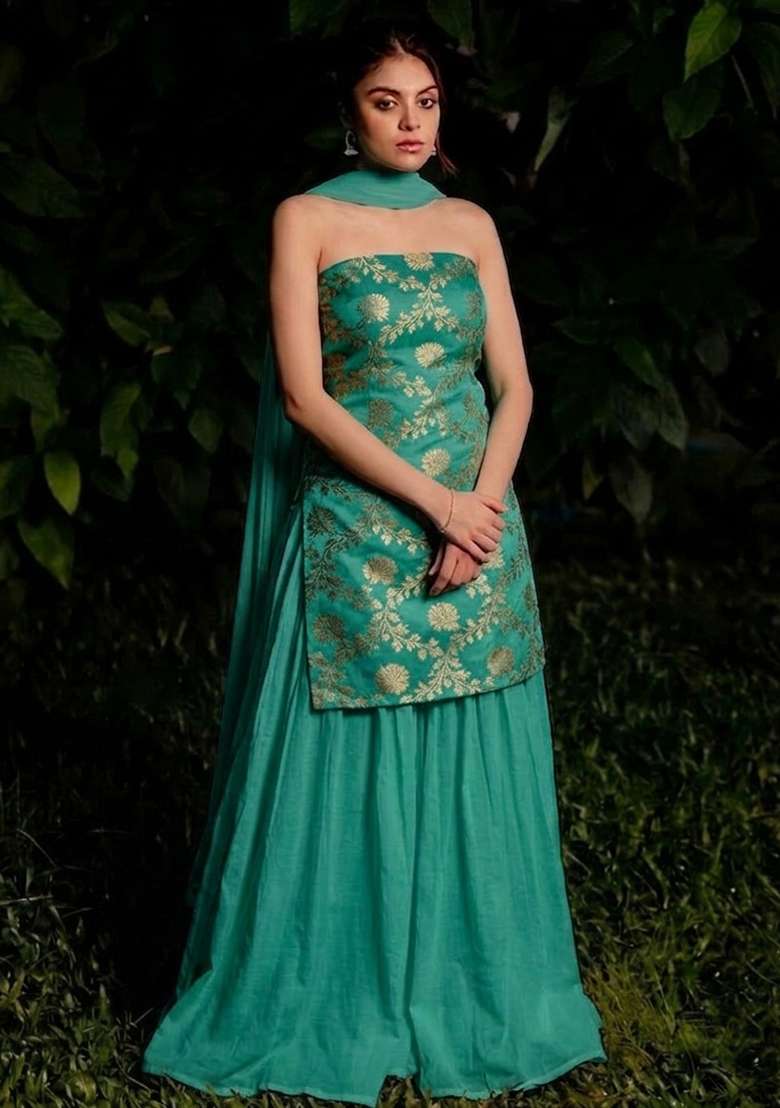 Teal Green Chanderi Sharara Set - Indya