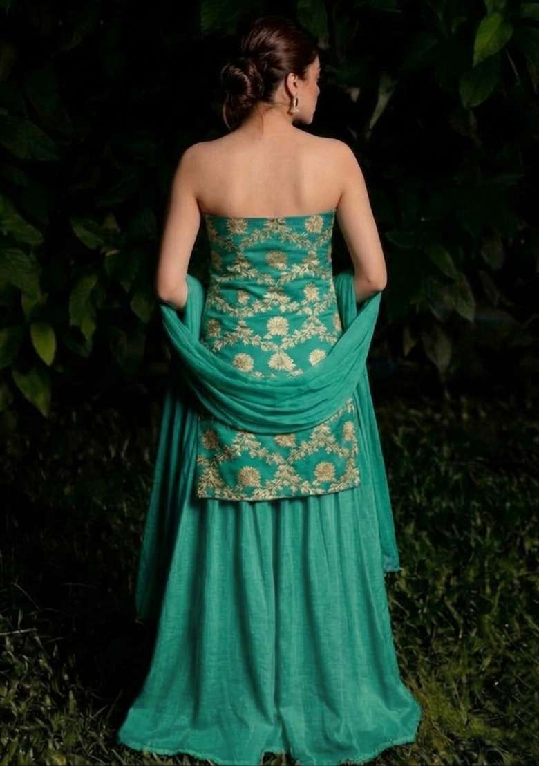 Teal Green Chanderi Sharara Set - Indya