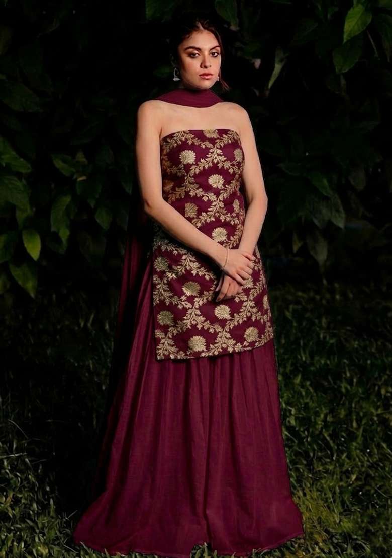 Wine Chanderi Sharara Set - Indya