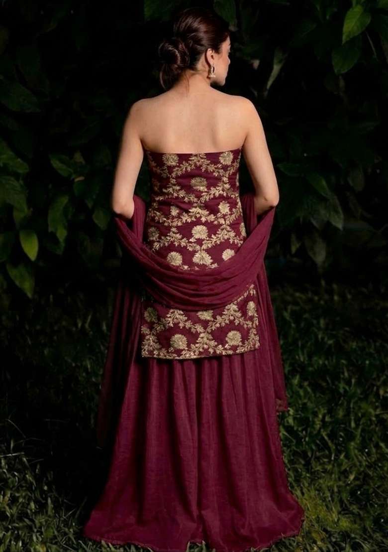 Wine Chanderi Sharara Set - Indya
