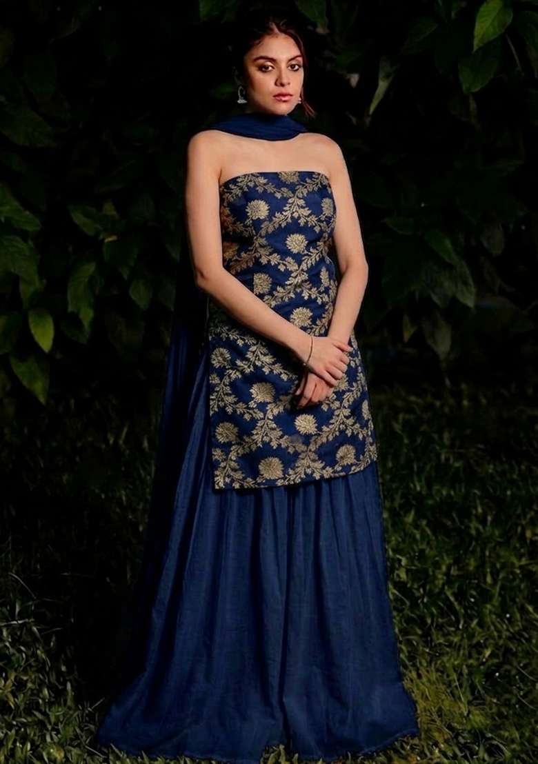 Navy Blue Chanderi Sharara Set - Indya