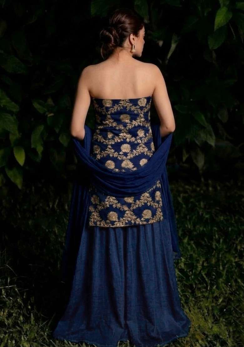 Navy Blue Chanderi Sharara Set - Indya