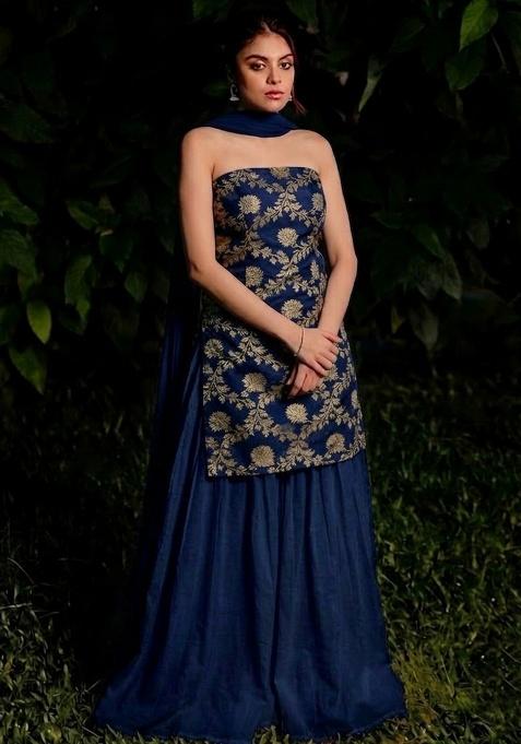 Navy Blue Chanderi Sharara Set