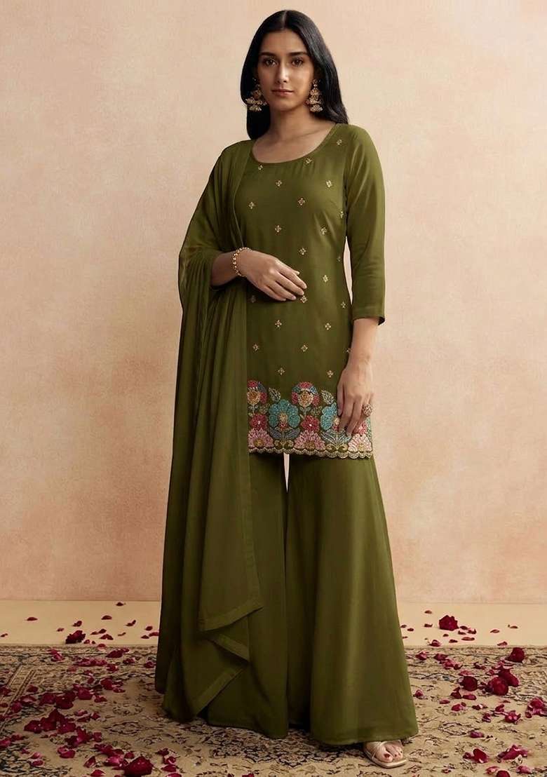 Olive Green Embroidered Crepe Sharara Set - Indya