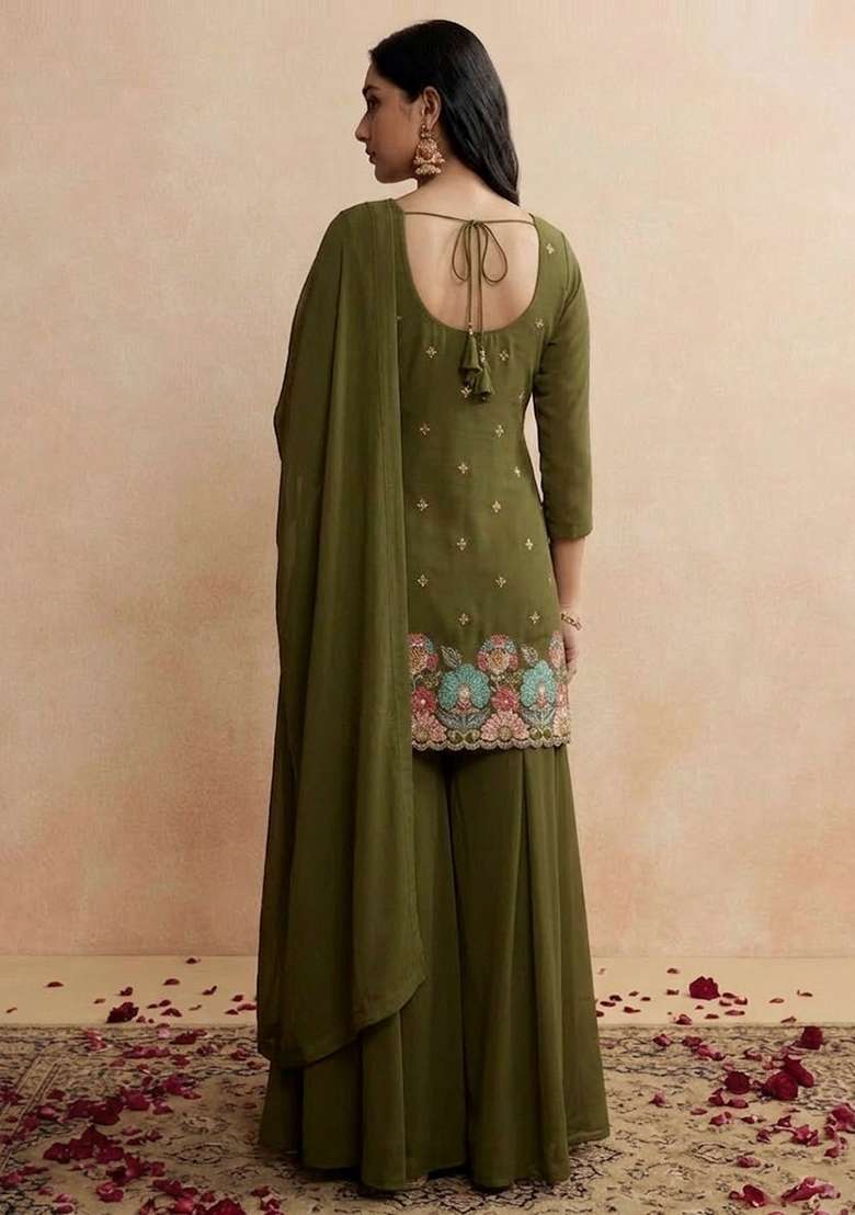 Olive Green Embroidered Crepe Sharara Set - Indya
