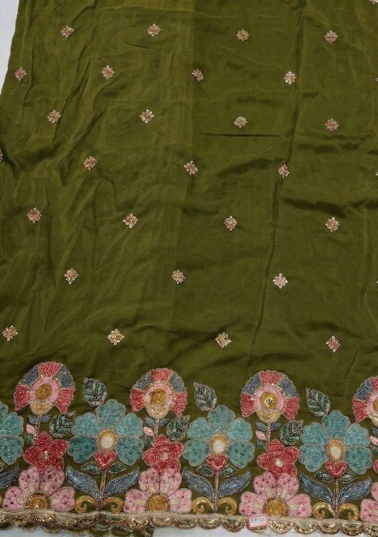 Olive Green Embroidered Crepe Sharara Set - Indya
