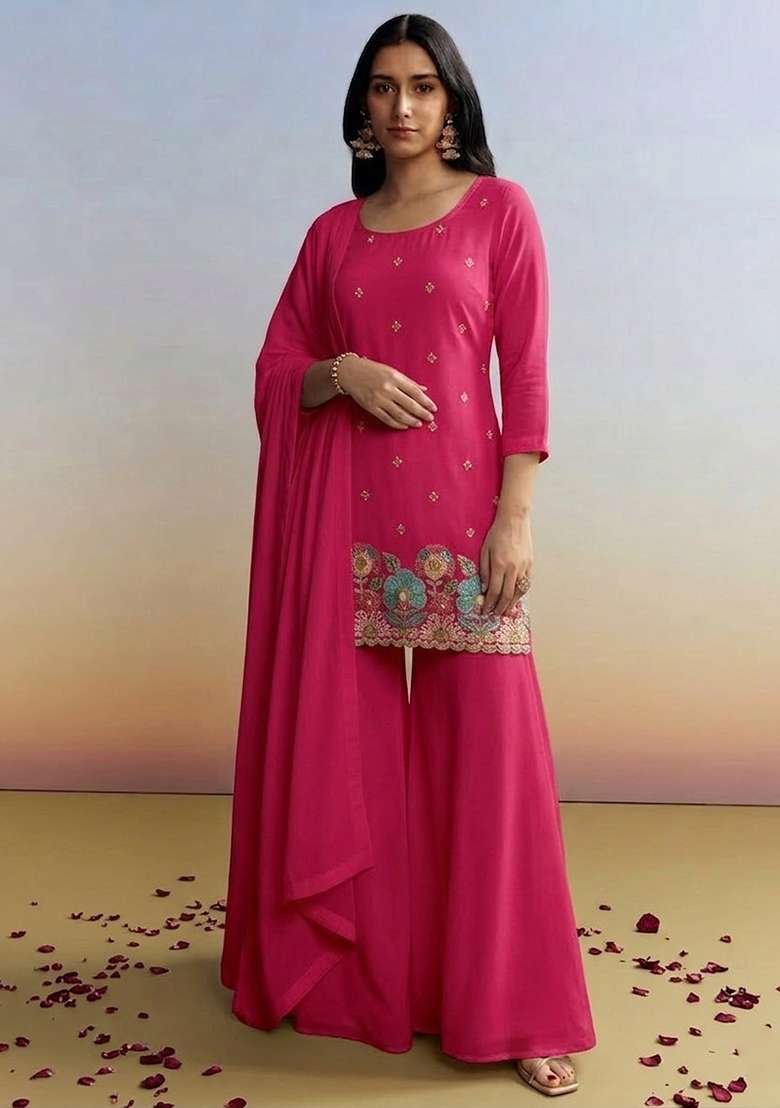 Fuchsia Pink Embroidered Crepe Sharara Set - Indya