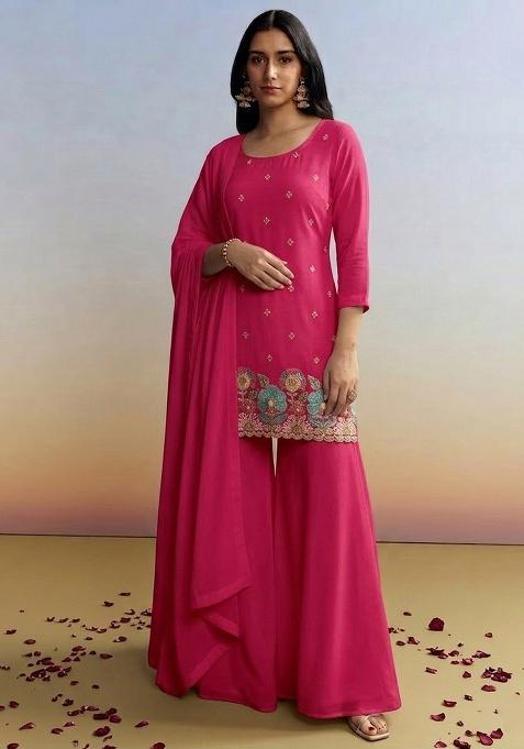 Fuchsia Pink Embroidered Crepe Sharara Set