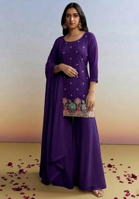 Royal Purple Embroidered Crepe Sharara Set