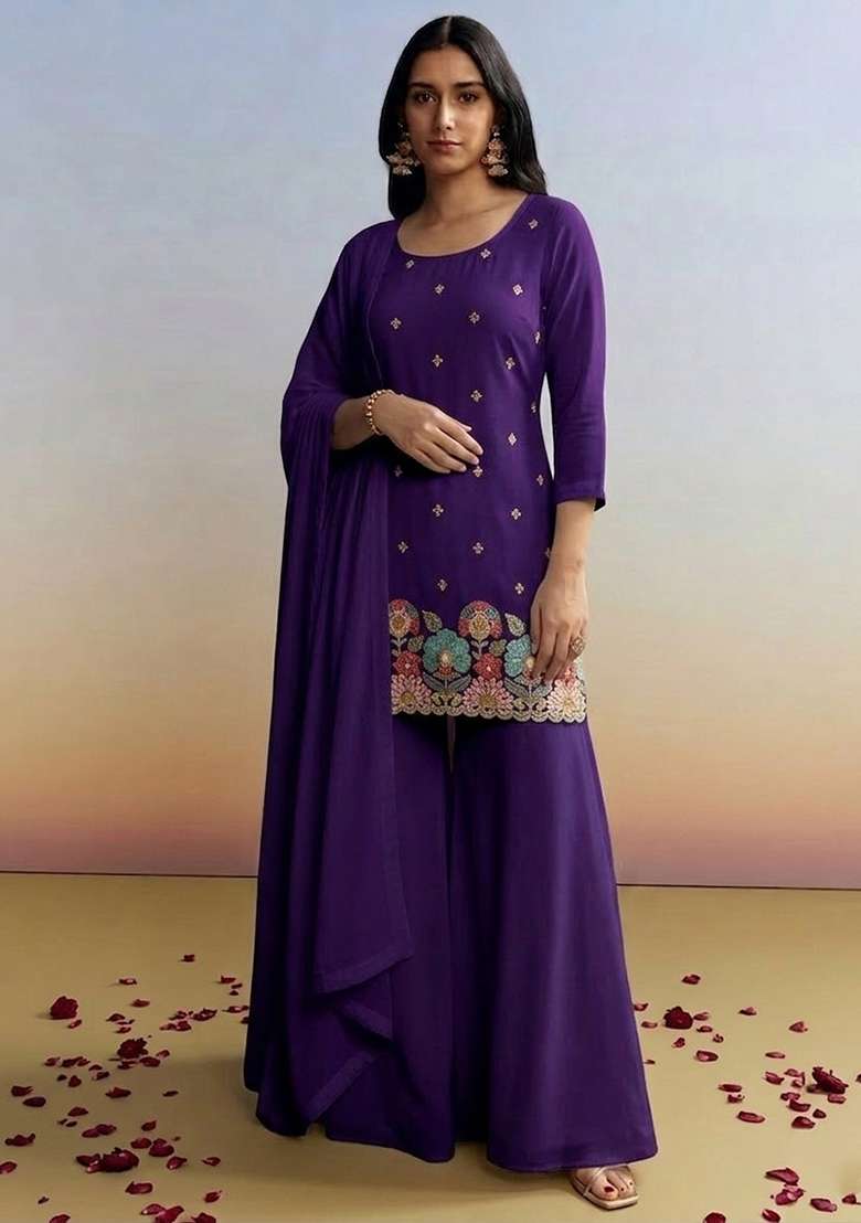 Royal Purple Embroidered Crepe Sharara Set - Indya