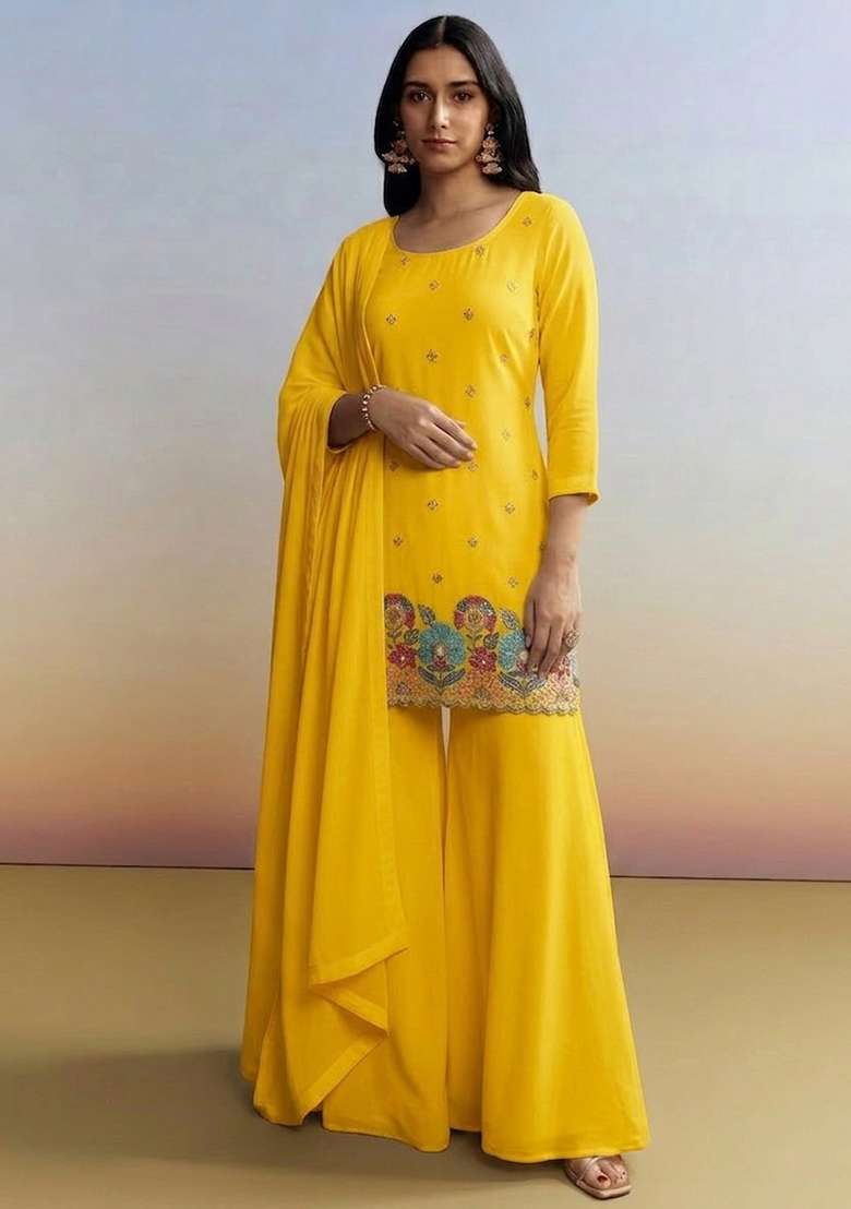 Yellow Embroidered Crepe Sharara Set - Indya