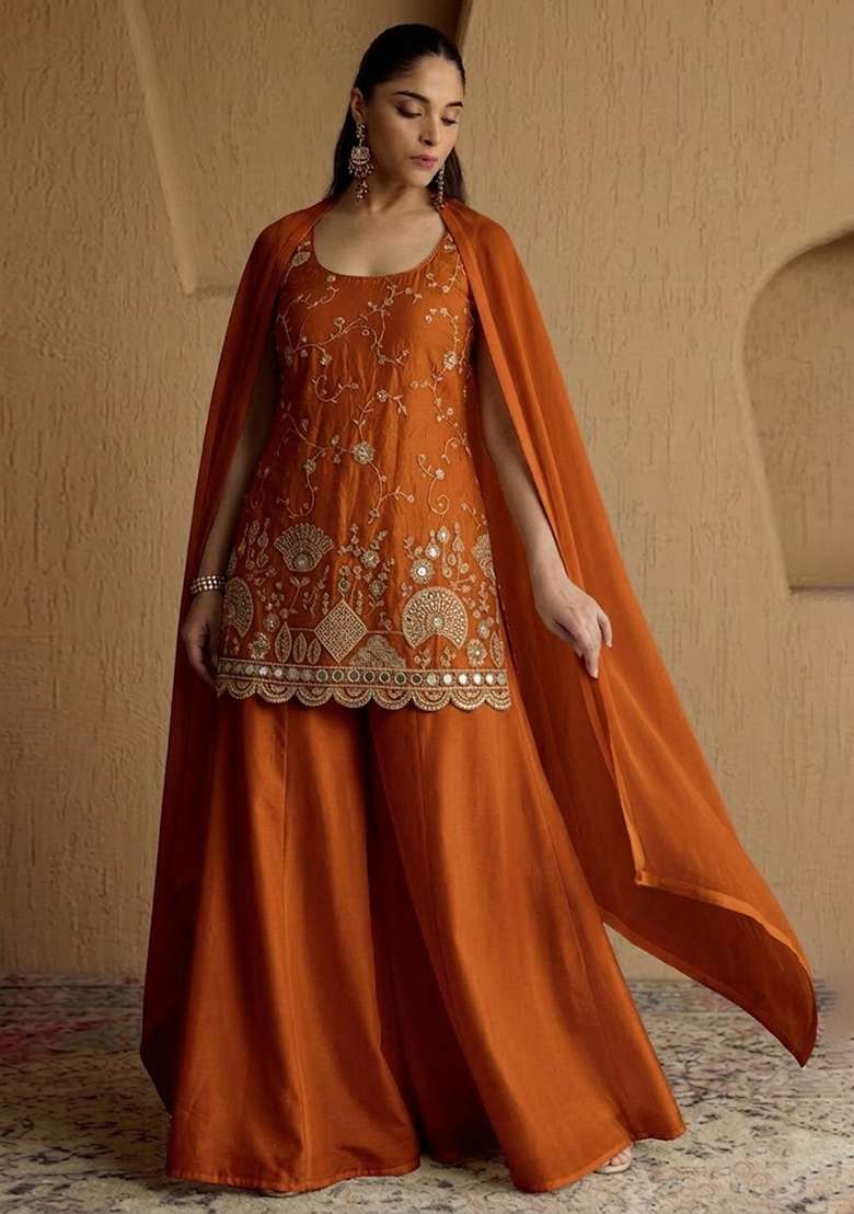 Rust Orange Embroidered Cosmos Sharara Set - Indya