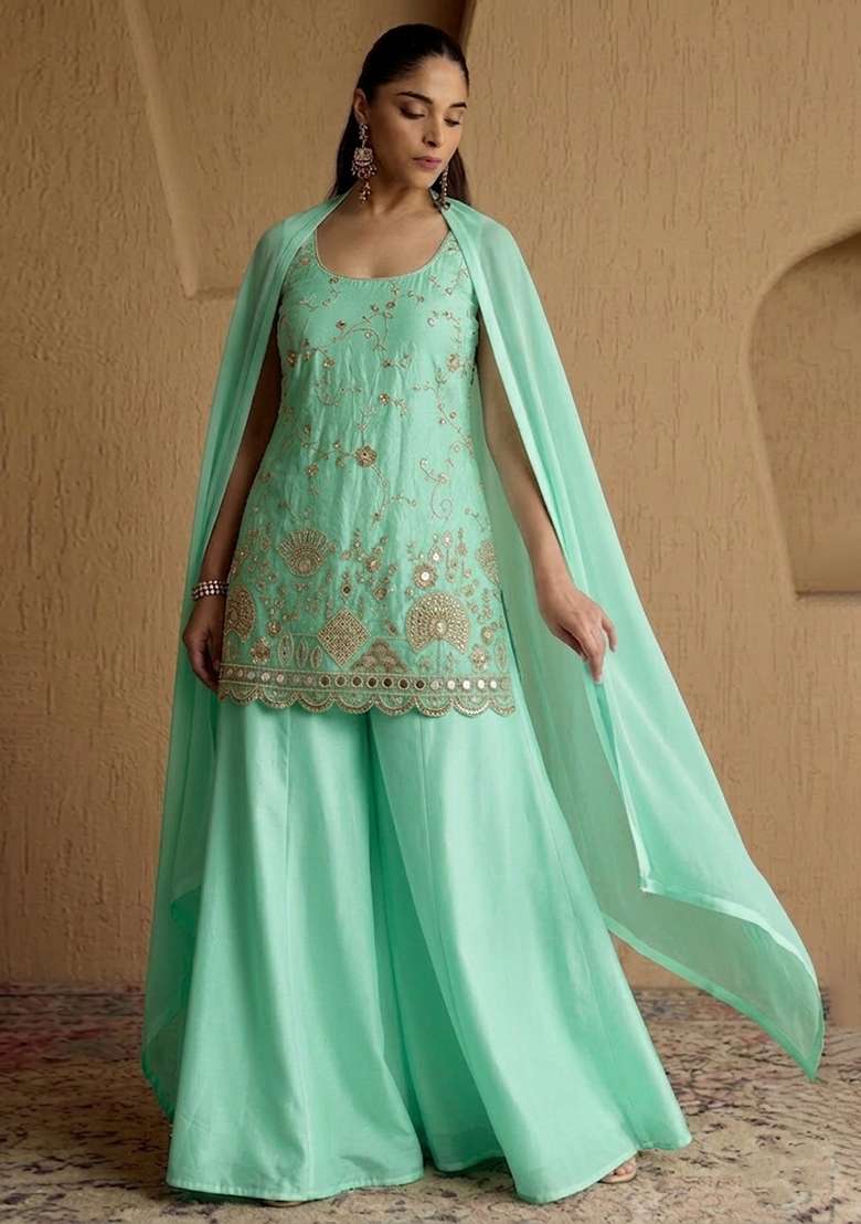 Mint Green Embroidered Cosmos Sharara Set - Indya