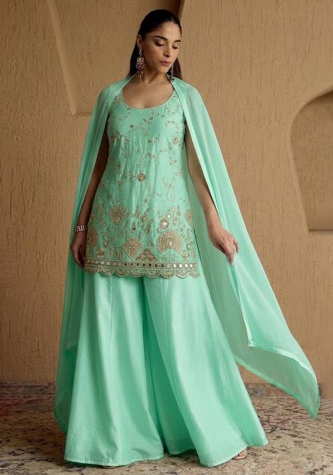 Mint Green Embroidered Cosmos Sharara Set