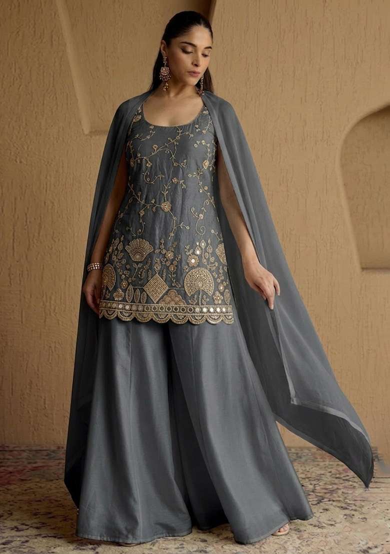 Dark Grey Embroidered Cosmos Sharara Set - Indya