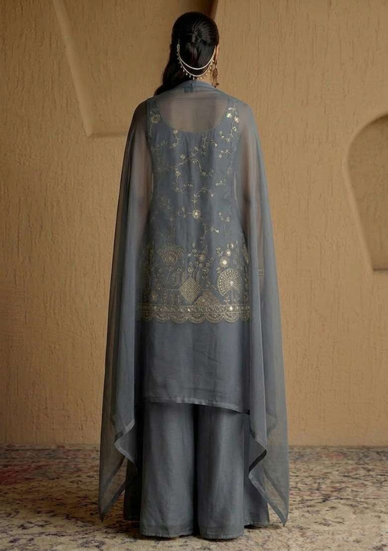 Dark Grey Embroidered Cosmos Sharara Set - Indya