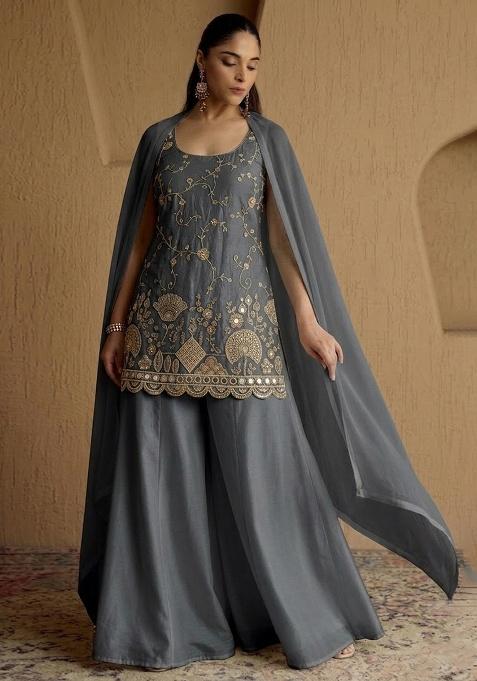 Dark Grey Embroidered Cosmos Sharara Set