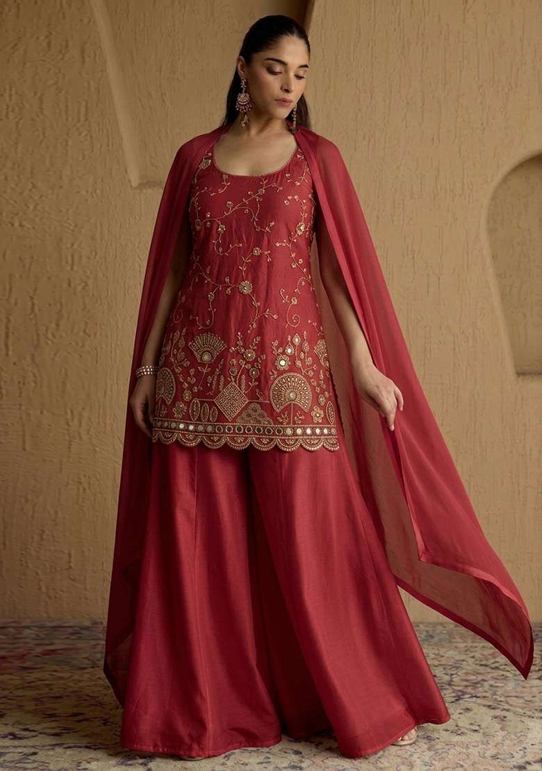 Red Embroidered Cosmos Sharara Set - Indya