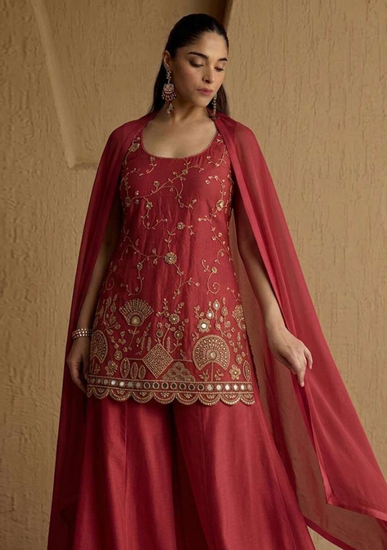 Red Embroidered Cosmos Sharara Set - Indya