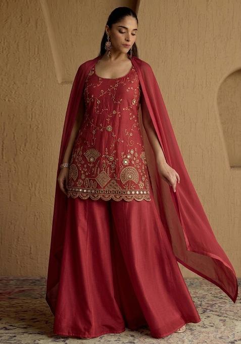 Red Embroidered Cosmos Sharara Set