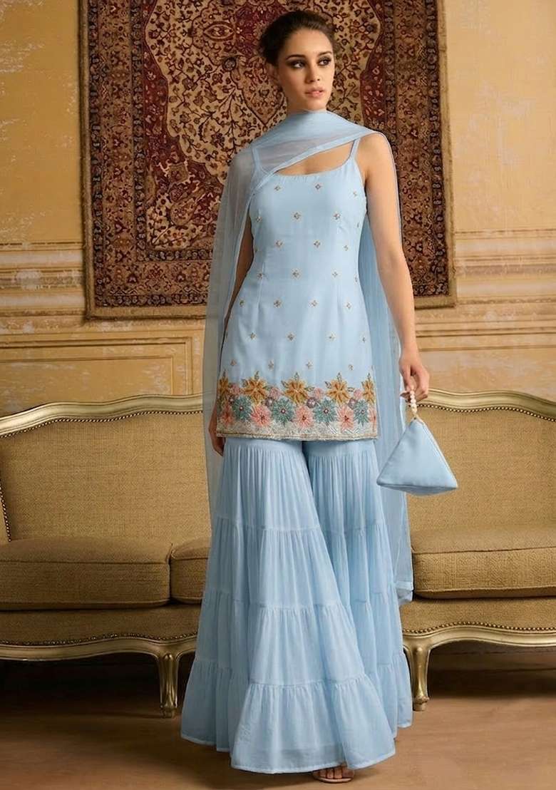 Powder Blue Embroidered Crepe Sharara Set - Indya