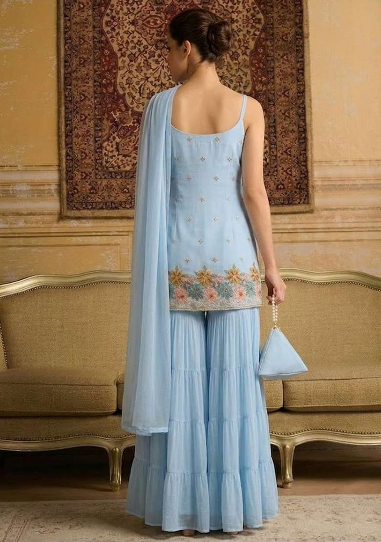 Powder Blue Embroidered Crepe Sharara Set - Indya