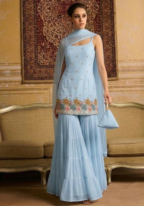 Powder Blue Embroidered Crepe Sharara Set