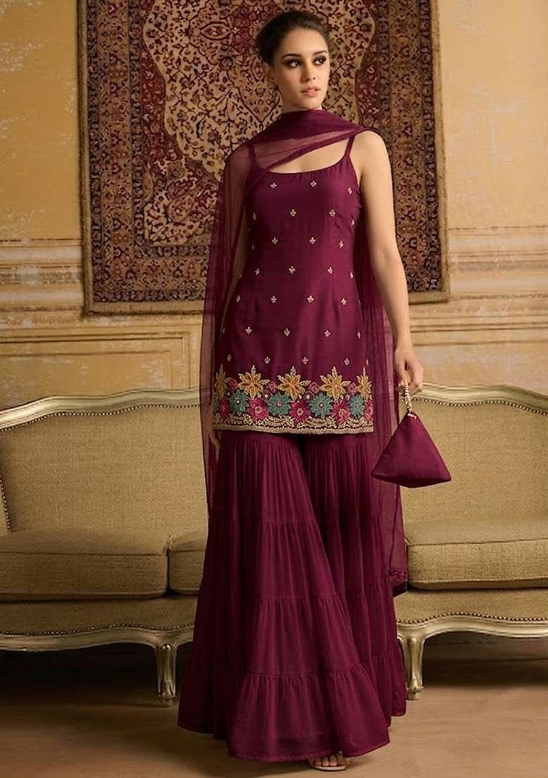 Wine Embroidered Crepe Sharara Set - Indya