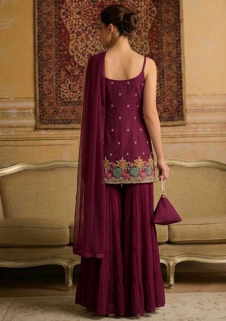 Wine Embroidered Crepe Sharara Set - Indya