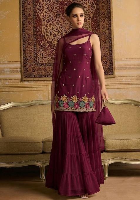 Wine Embroidered Crepe Sharara Set