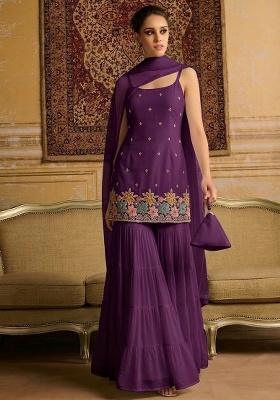 Purple Embroidered Crepe Sharara Set