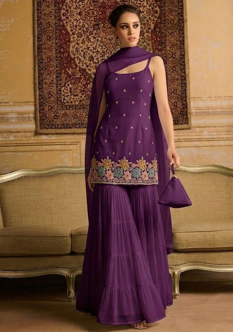 Purple Embroidered Crepe Sharara Set - Indya