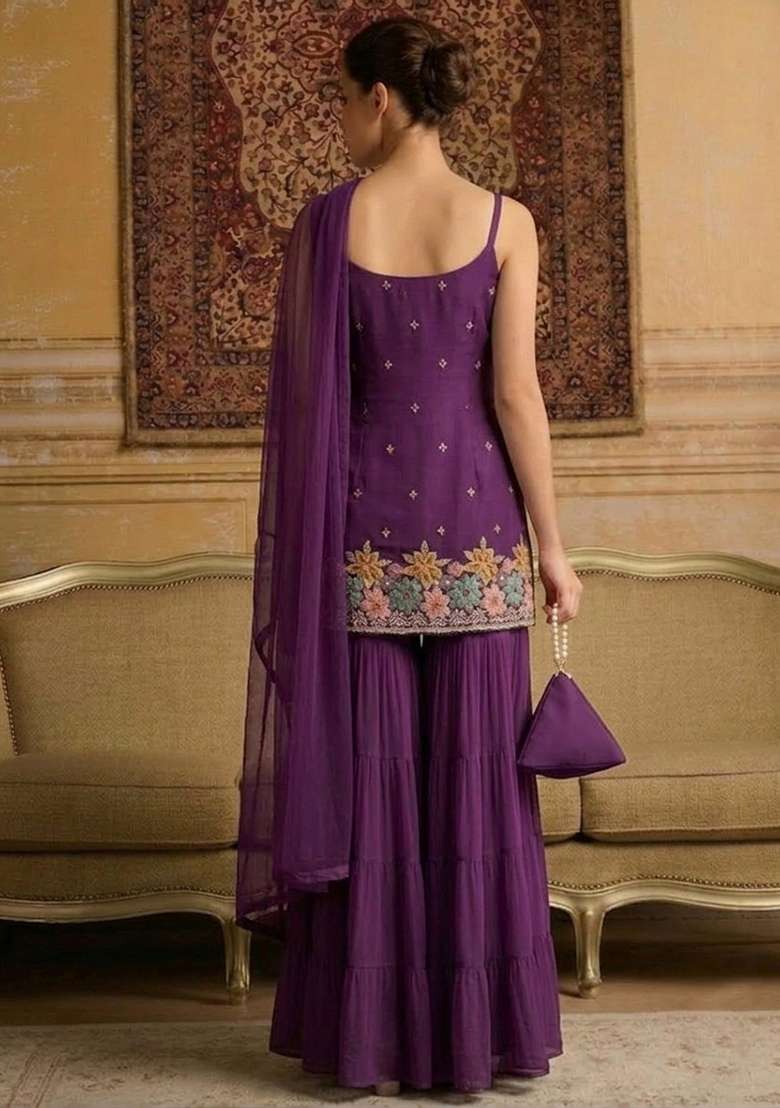 Purple Embroidered Crepe Sharara Set - Indya