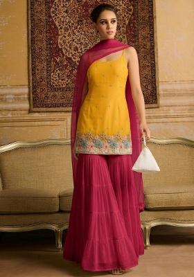 Pink And Yellow Embroidered Crepe Sharara Set
