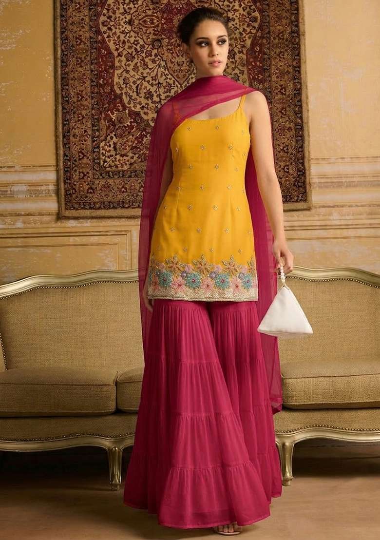 Pink And Yellow Embroidered Crepe Sharara Set - Indya