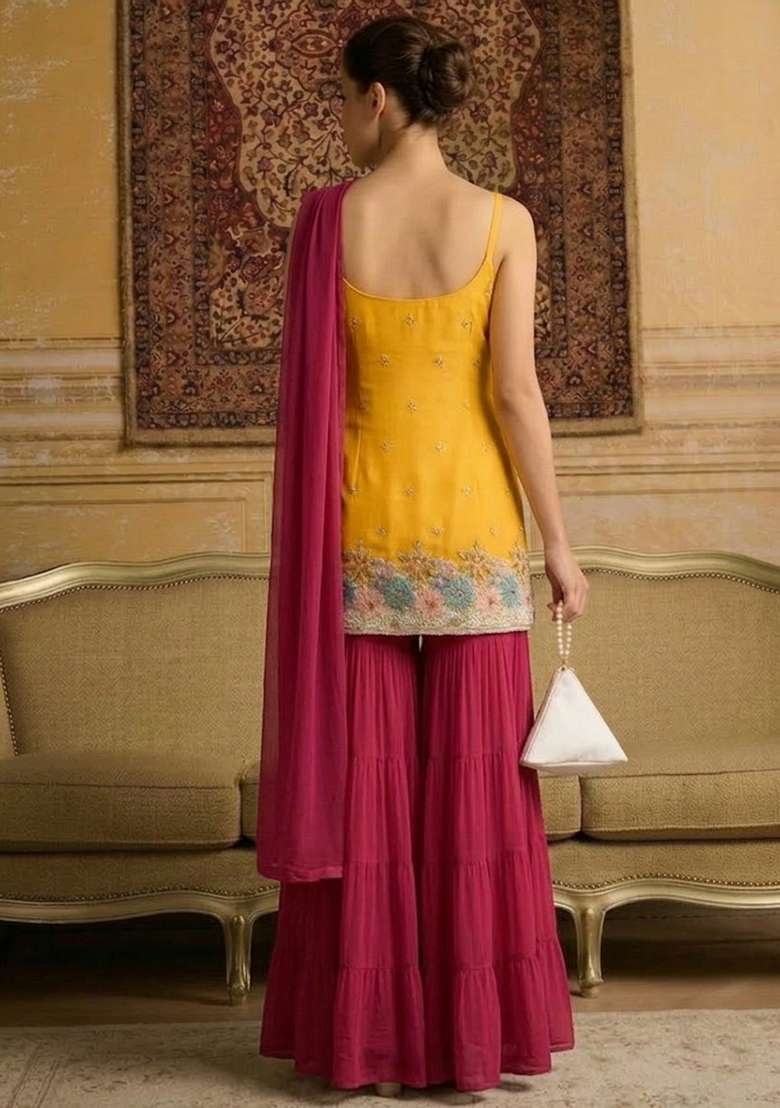 Pink And Yellow Embroidered Crepe Sharara Set - Indya