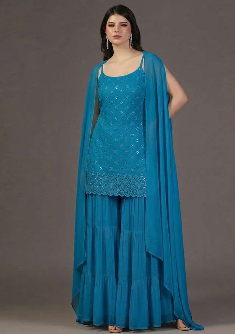Teal Blue Embroidered Georgette Sharara Set - Indya