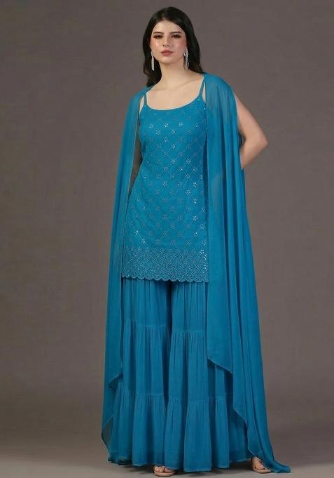 Teal Blue Embroidered Georgette Sharara Set