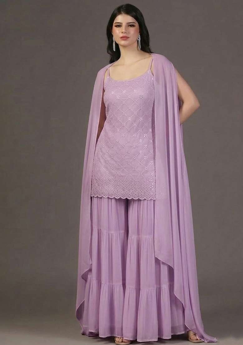 Lilac Embroidered Georgette Sharara Set - Indya