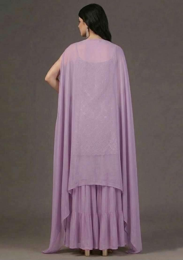 Lilac Embroidered Georgette Sharara Set - Indya