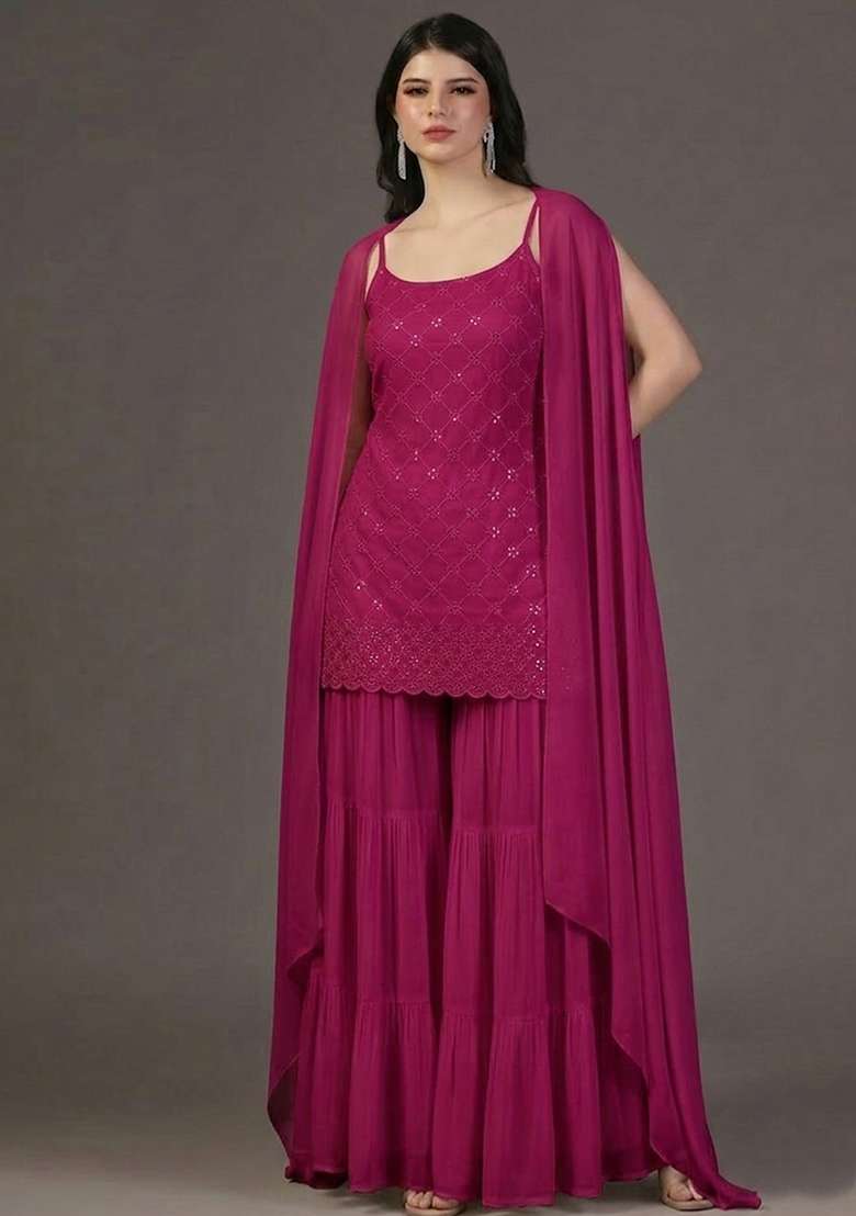Magenta Embroidered Georgette Sharara Set - Indya