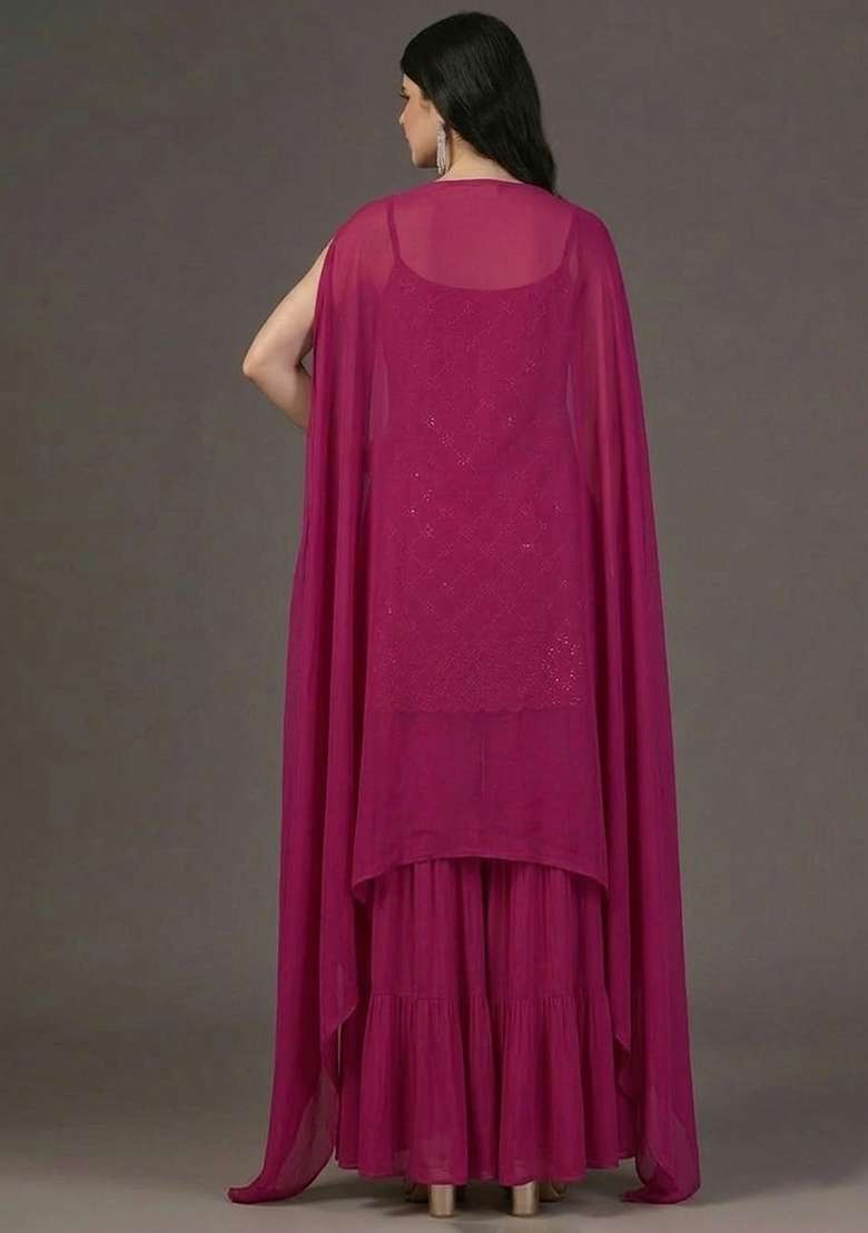 Magenta Embroidered Georgette Sharara Set - Indya